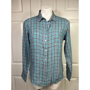 Cottonworld 100% Linen Button Down Plaid Women's Shirt Gray Long Sleeve Large